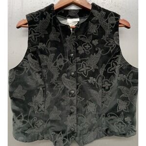 Women Vintage Vest 14P Black Velour Printed Button Up Collarless Classic USA New